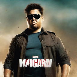 A badass movie poster featuring a chubby young adult wearing sunglasses and holding a machete