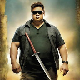 A badass movie poster featuring a chubby young adult wearing sunglasses and holding a machete