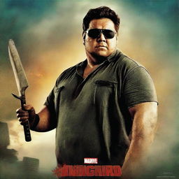 A badass movie poster featuring a chubby young adult wearing sunglasses and holding a machete