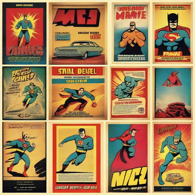 Create a series of comic book retro movie posters