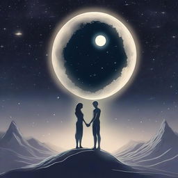 A humanistic alien couple standing in the lower right-hand corner, illuminated softly