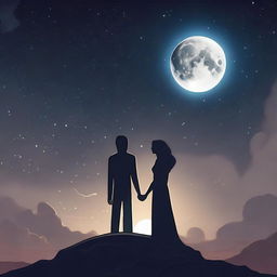 A humanistic alien couple standing in the lower right-hand corner, illuminated softly