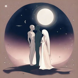 A humanistic alien couple standing in the lower right-hand corner, illuminated softly