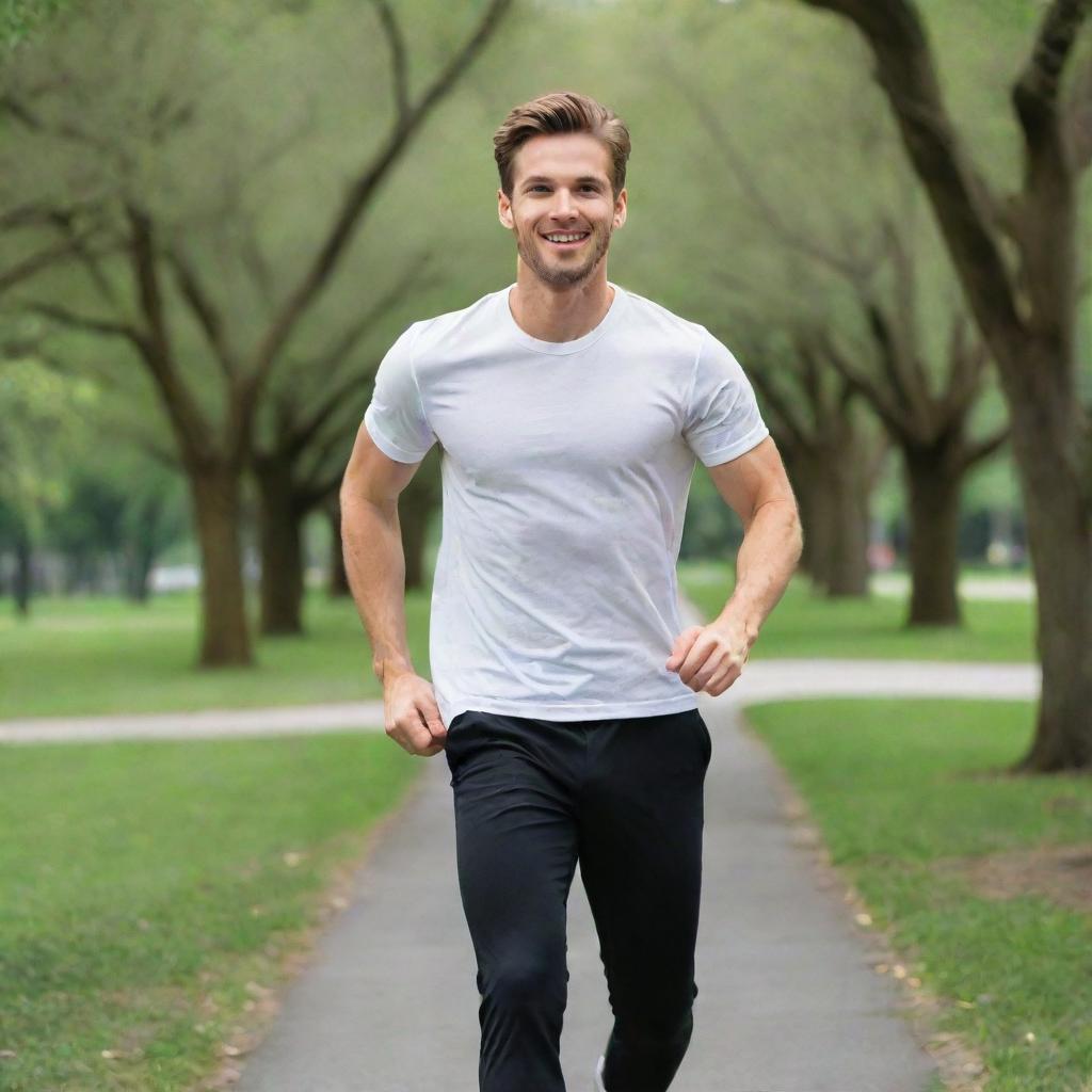 A youthful 25-year-old man sporting a crisp white t-shirt and sleek black pants is energetically exercising amidst the greenery of a tranquil park.