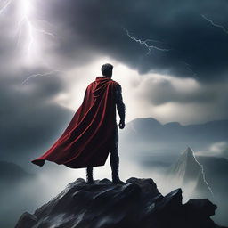 Create a cinematic poster featuring a dramatic scene with a hero standing on a cliff overlooking a vast landscape