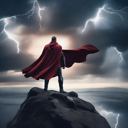 Create a cinematic poster featuring a dramatic scene with a hero standing on a cliff overlooking a vast landscape