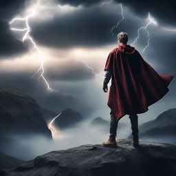 Create a cinematic poster featuring a dramatic scene with a hero standing on a cliff overlooking a vast landscape