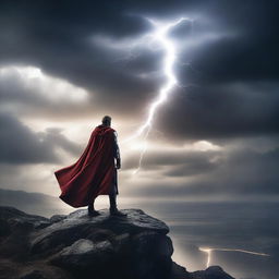 Create a cinematic poster featuring a dramatic scene with a hero standing on a cliff overlooking a vast landscape