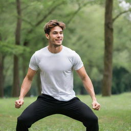 A youthful 25-year-old man sporting a crisp white t-shirt and sleek black pants is energetically exercising amidst the greenery of a tranquil park.