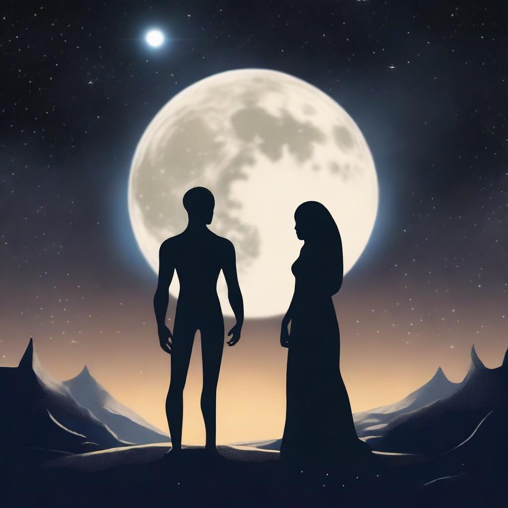 A humanistic alien couple standing more toward the right-hand side, appearing larger and more prominent