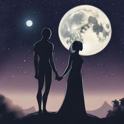 A humanistic alien couple standing more toward the right-hand side, appearing larger and more prominent