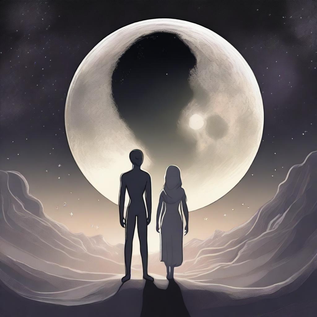 A humanistic alien couple standing more toward the right-hand side, appearing larger and more prominent