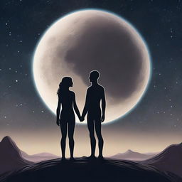 A humanistic alien couple standing more toward the right-hand side, appearing larger and more prominent