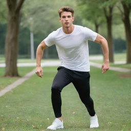 A youthful 25-year-old man sporting a crisp white t-shirt and sleek black pants is energetically exercising amidst the greenery of a tranquil park.