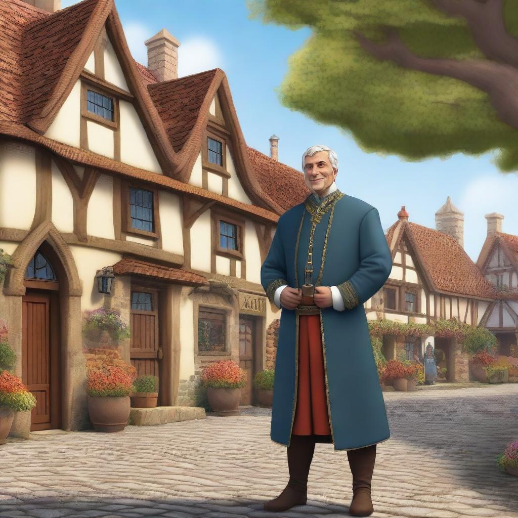 A detailed illustration of the human male mayor of the medieval fantasy village of Riverton