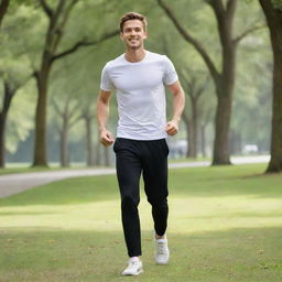 A youthful 25-year-old man sporting a crisp white t-shirt and sleek black pants is energetically exercising amidst the greenery of a tranquil park.