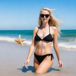 A woman with blonde hair standing in the middle of the sea on a beach, holding a starfish