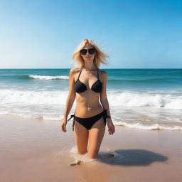 A woman with blonde hair standing in the middle of the sea on a beach, holding a starfish