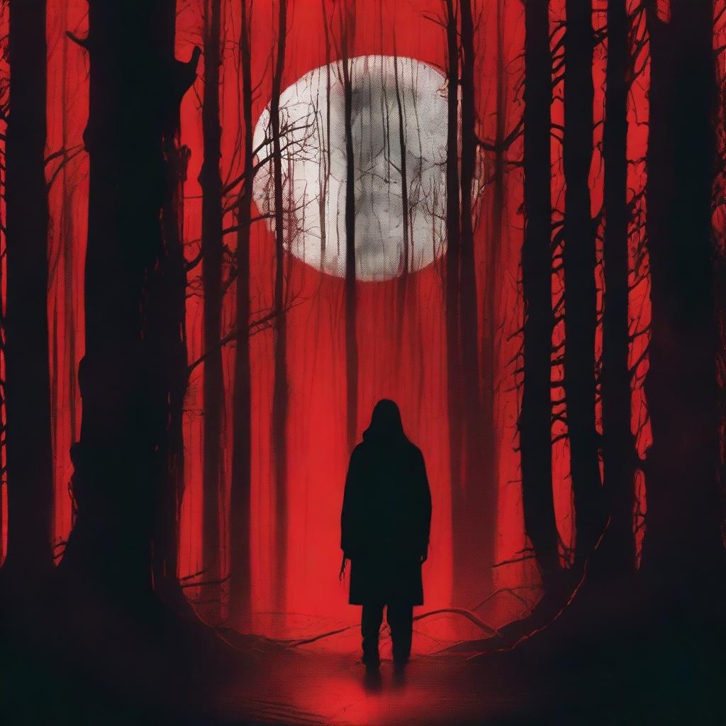 A cinematic horror movie poster featuring a dark, eerie forest with a shadowy figure lurking in the background