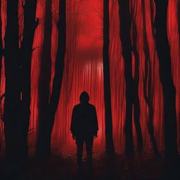 A cinematic horror movie poster featuring a dark, eerie forest with a shadowy figure lurking in the background