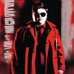 A cinematic horror movie poster featuring a badass chubby teenager wearing shades and a trench coat in a high school setting
