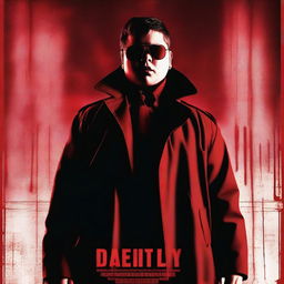 A cinematic horror movie poster featuring a badass chubby teenager wearing shades and a trench coat in a high school setting