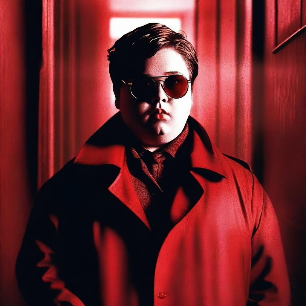 A cinematic horror movie poster featuring a badass chubby teenager wearing shades and a trench coat in a high school setting