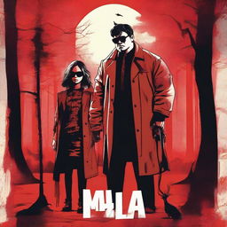 A cinematic horror movie poster featuring a badass chubby teenager wearing shades, a trench coat, and a robotic arm, alongside a gothic girl with psychic abilities holding onto him