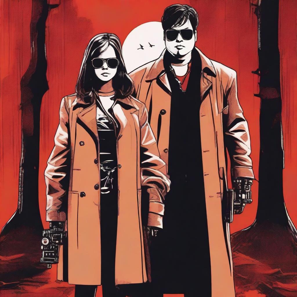 A cinematic horror movie poster featuring a badass chubby teenager wearing shades, a trench coat, and a robotic arm, alongside a gothic girl with psychic abilities holding onto him