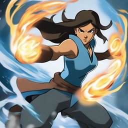 A dynamic and powerful depiction of Avatar Korra in action, showcasing her bending abilities with elements of fire, water, earth, and air surrounding her