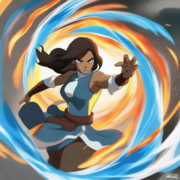 A dynamic and powerful depiction of Avatar Korra in action, showcasing her bending abilities with elements of fire, water, earth, and air surrounding her