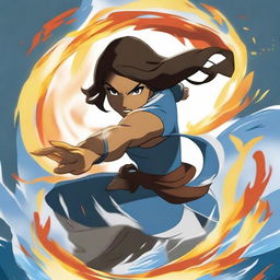 A dynamic and powerful depiction of Avatar Korra in action, showcasing her bending abilities with elements of fire, water, earth, and air surrounding her