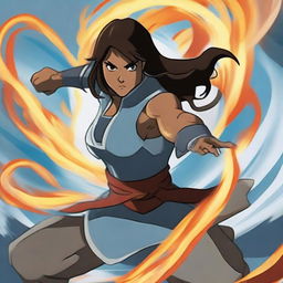 A dynamic and powerful depiction of Avatar Korra in action, showcasing her bending abilities with elements of fire, water, earth, and air surrounding her