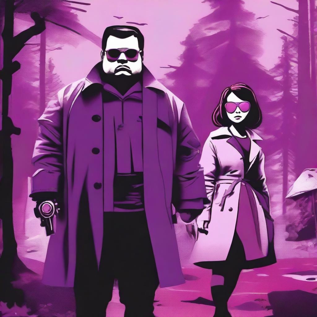 A cinematic horror movie poster featuring a badass chubby teenager wearing shades, a trench coat, and a robotic arm, alongside a gothic girl his age with glowing purple eyes who is his love interest