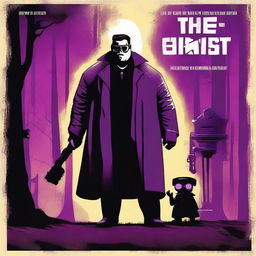 A cinematic horror movie poster featuring a badass chubby teenager wearing shades, a trench coat, and a robotic arm, alongside a gothic girl his age with glowing purple eyes who is his love interest