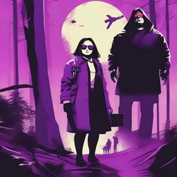 A cinematic horror movie poster featuring a badass chubby teenager wearing shades, a trench coat, and a robotic arm, alongside a gothic girl his age with glowing purple eyes who is his love interest