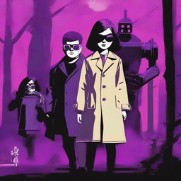 A cinematic horror movie poster featuring a badass chubby teenager wearing shades, a trench coat, and a robotic arm, alongside a gothic girl his age with glowing purple eyes who is his love interest