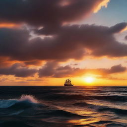 A cinematic scene featuring a dramatic sunset over a vast ocean, with a lone ship sailing towards the horizon