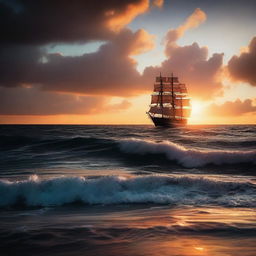 A cinematic scene featuring a dramatic sunset over a vast ocean, with a lone ship sailing towards the horizon