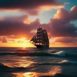 A cinematic scene featuring a dramatic sunset over a vast ocean, with a lone ship sailing towards the horizon