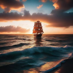 A cinematic scene featuring a dramatic sunset over a vast ocean, with a lone ship sailing towards the horizon