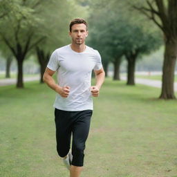 A fit 25-year-old man donned in a white t-shirt and black pants is in the middle of a jog in a serene, green park.