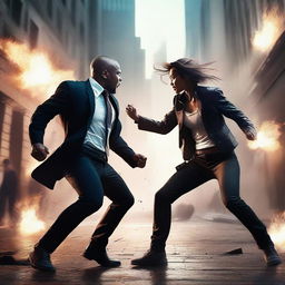 Create a dynamic and thrilling action scene featuring characters engaged in a high-energy battle