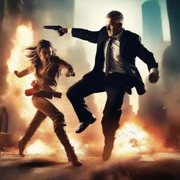 Create a dynamic and thrilling action scene featuring characters engaged in a high-energy battle