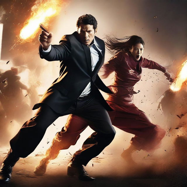 Create a dynamic and thrilling action scene featuring characters engaged in a high-energy battle