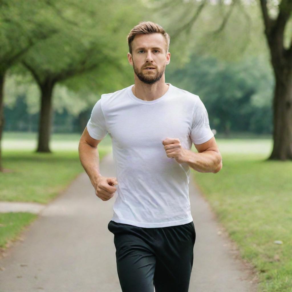 A fit 25-year-old man donned in a white t-shirt and black pants is in the middle of a jog in a serene, green park.