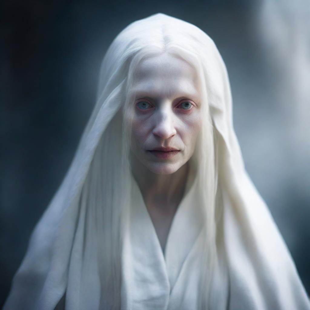 A depiction of an albino elderly female oracle with long white hair, wearing a ragged white robe