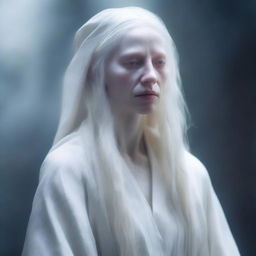 A depiction of an albino elderly female oracle with long white hair, wearing a ragged white robe