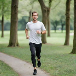 A fit 25-year-old man donned in a white t-shirt and black pants is in the middle of a jog in a serene, green park.