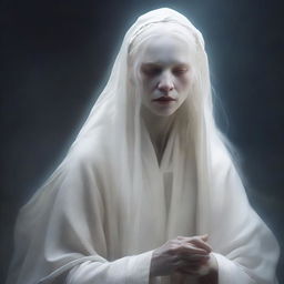 A depiction of an albino elderly female oracle with long white hair, wearing a ragged white robe